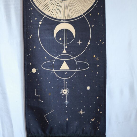 Black and Gold Mood Goddess Nylon Canvas Sacred Geometric Tassel Wall Tapestry - Picture 3 of 8